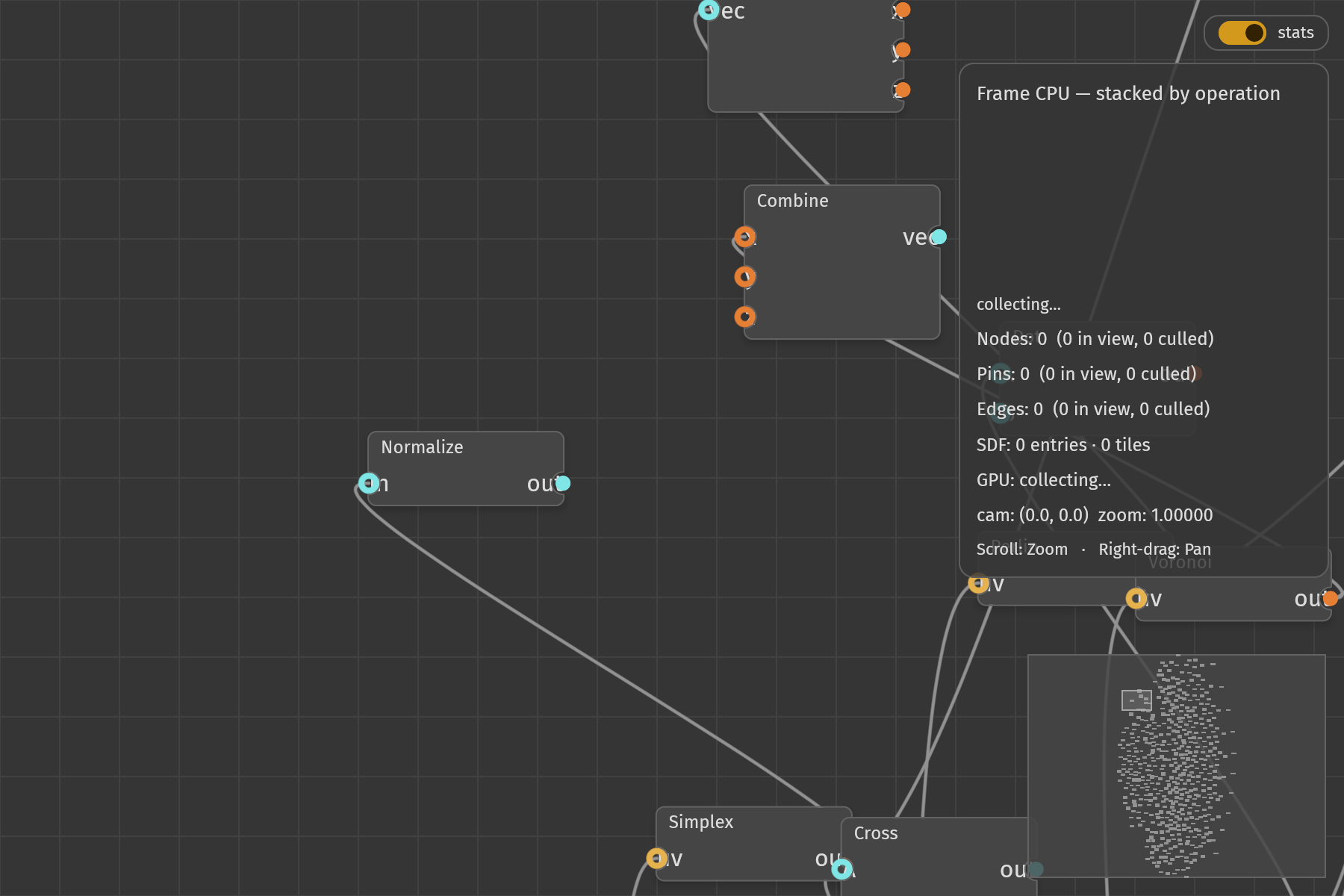 The 500_nodes demo: a procedurally generated graph of 500 nodes and 640 edges