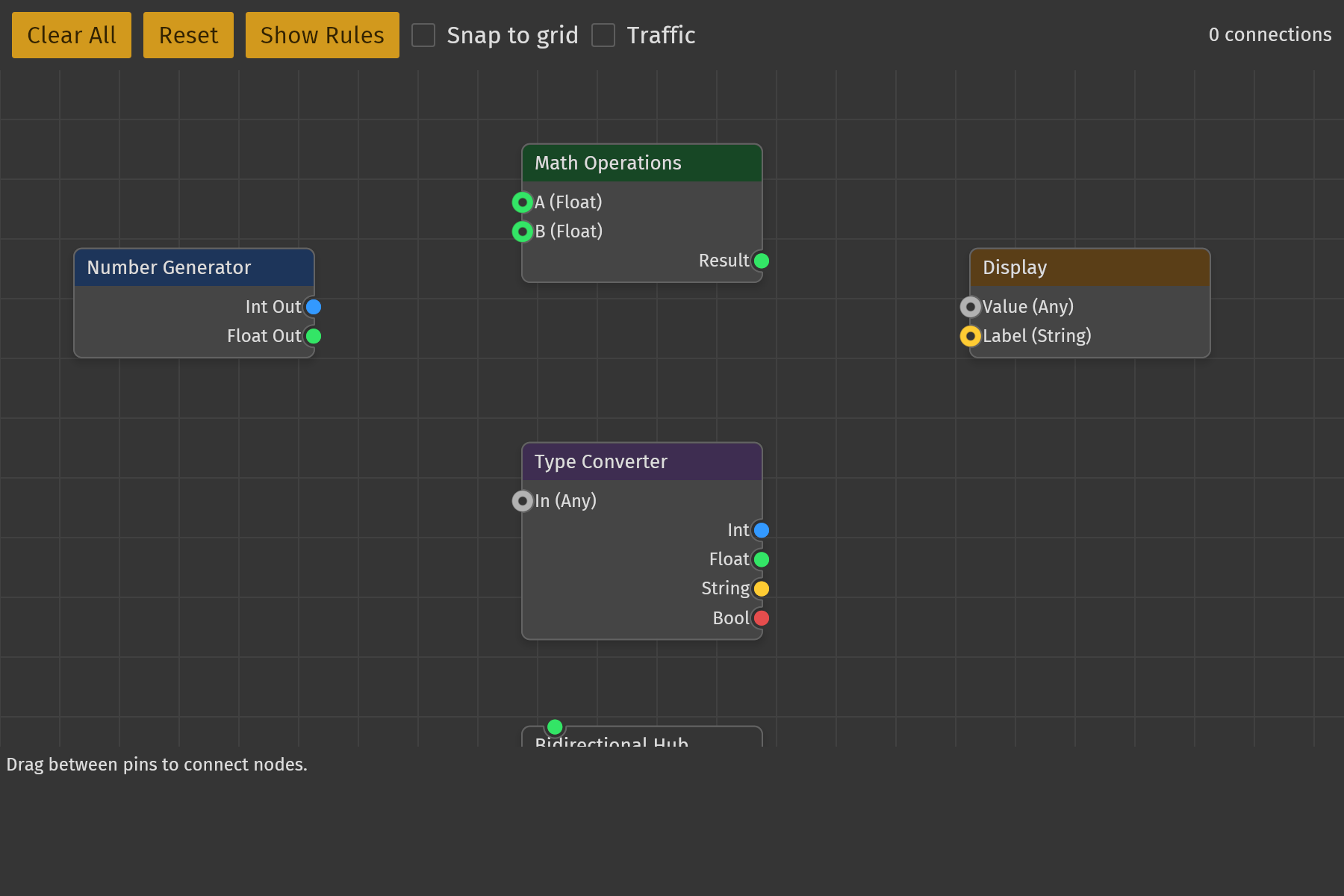 The interaction demo: typed pins with valid and rejected connections