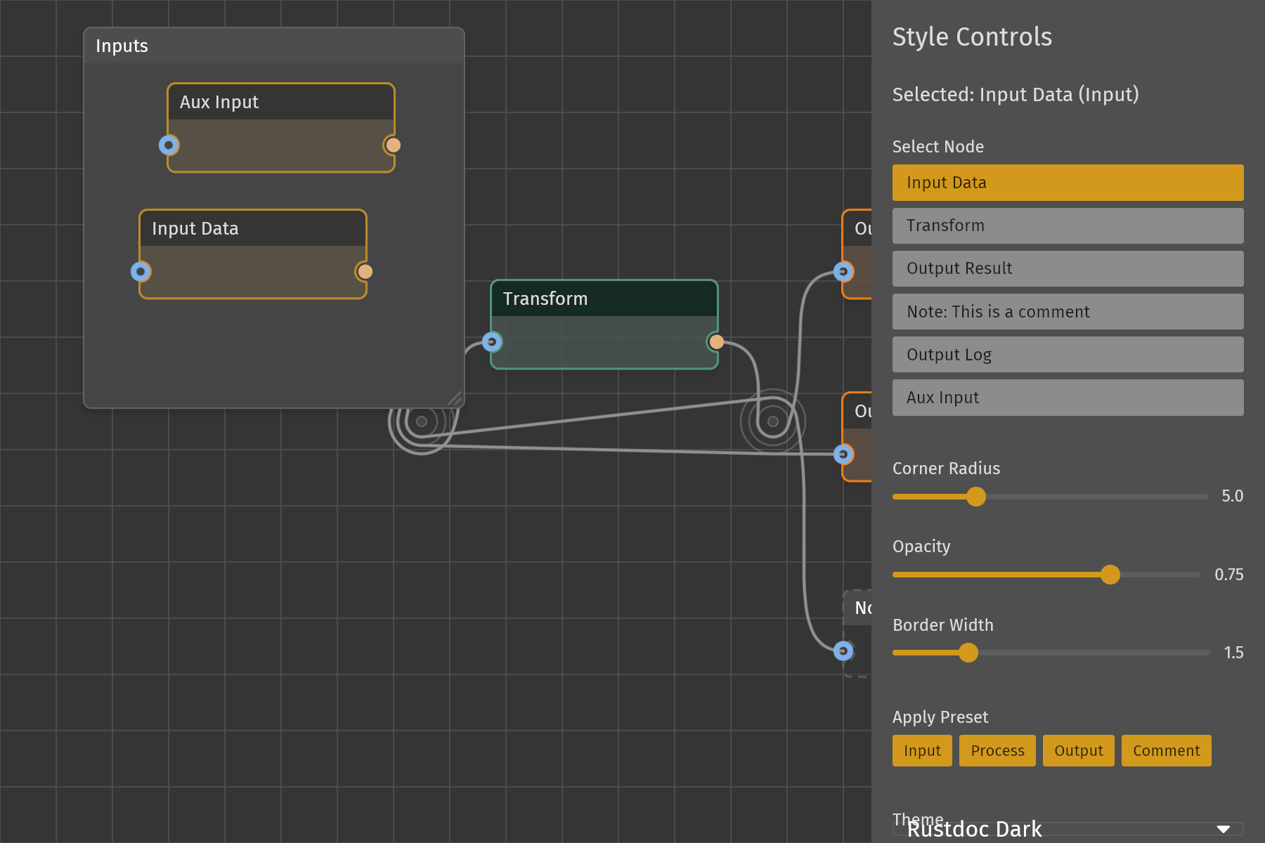 The styling demo: four preset-styled nodes with routing anchors and the style control panel